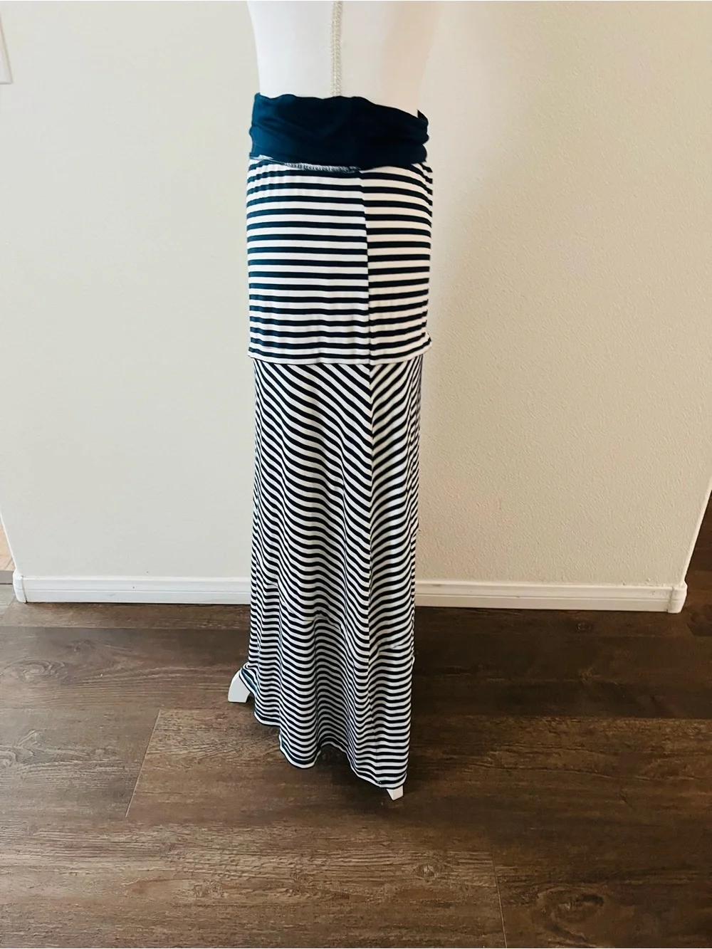 Max Studio Navy and White Striped Fold-Over Waist Maxi Skirt